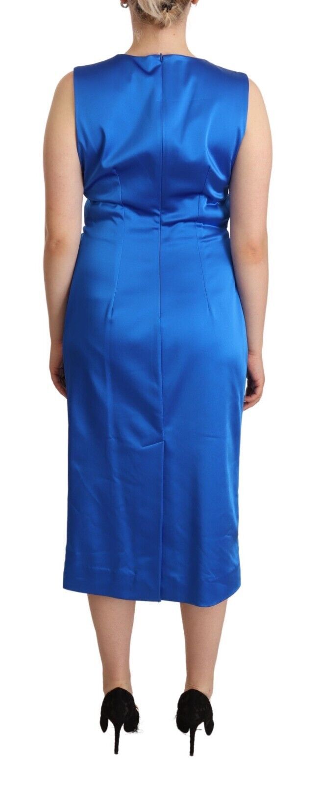 P.A.R.O.S.H. Blue Acetate Sleeveless Pleated Midi Sheath Women's Dress