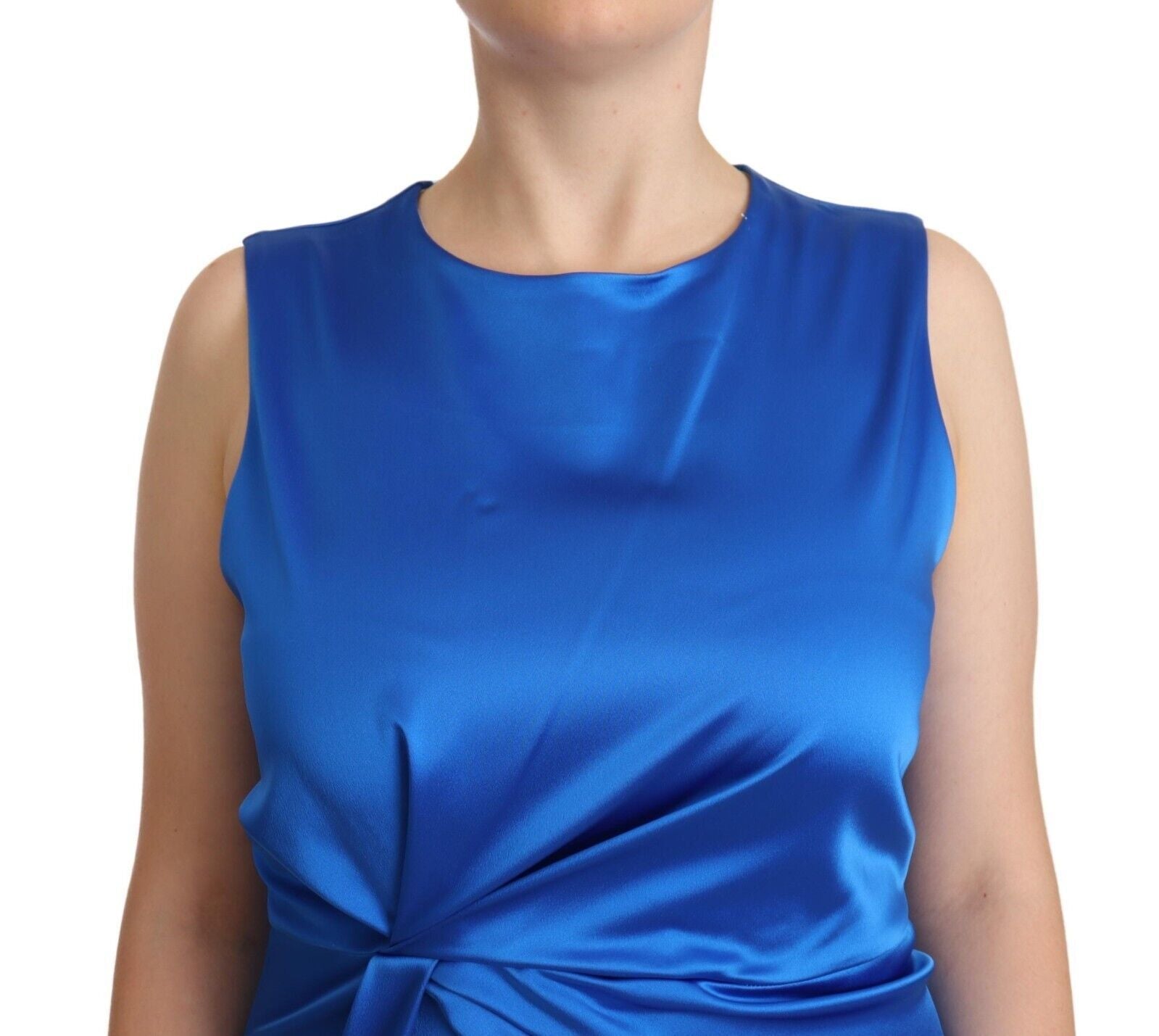 P.A.R.O.S.H. Blue Acetate Sleeveless Pleated Midi Sheath Women's Dress