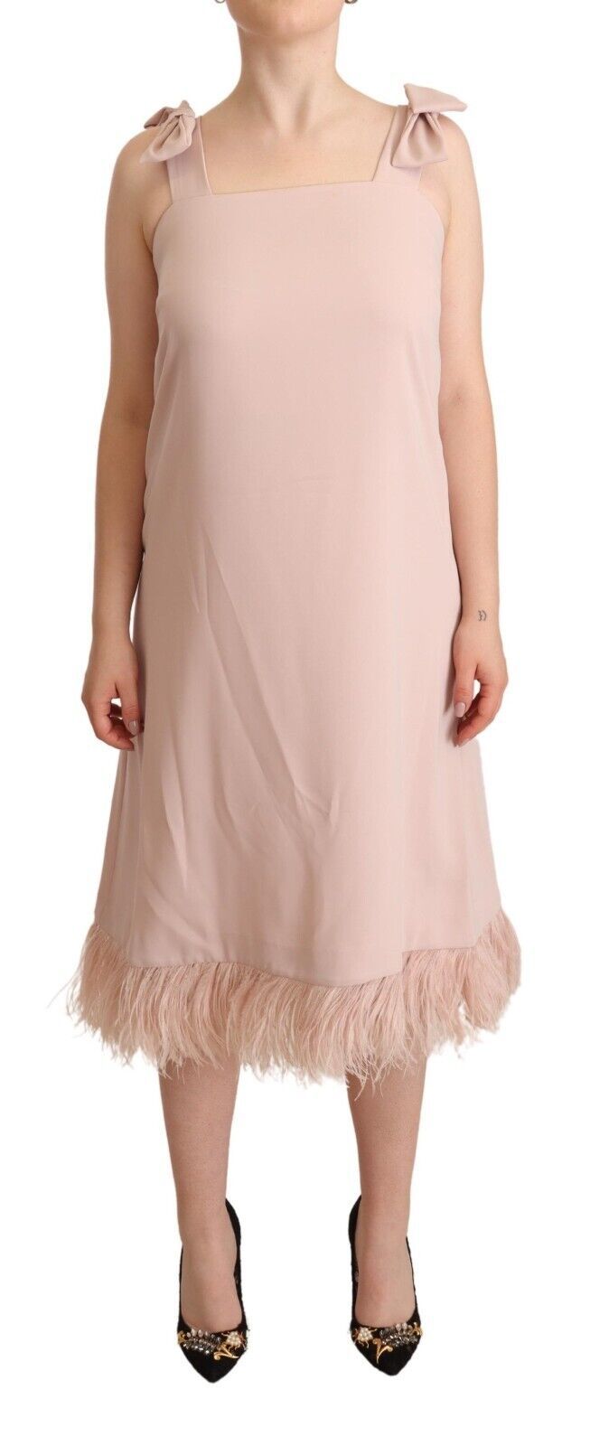 P.A.R.O.S.H. Pink Polyester Sleeveless Midi Feather Shift Women's Dres P.A.R.O.S.H. Pink Polyester Sleeveless Midi Feather Shift Women's Dres