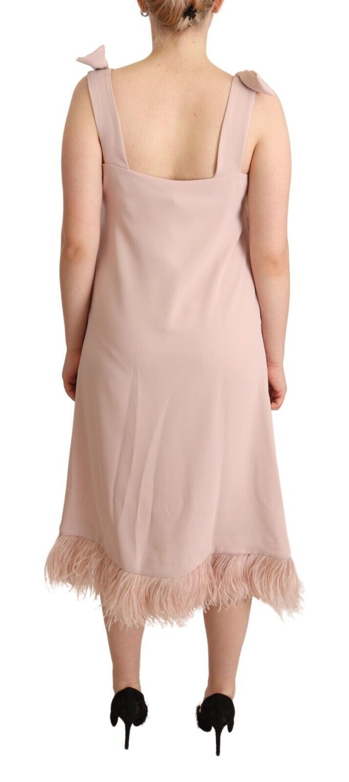 P.A.R.O.S.H. Pink Polyester Sleeveless Midi Feather Shift Women's Dress