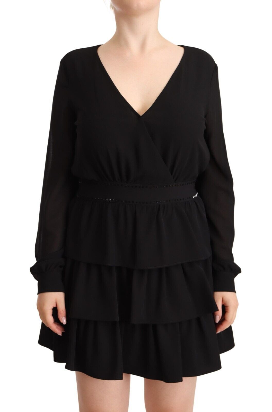 Liu Jo Black Polyester Long Sleeves V-neck Mini A-line Women's Dress