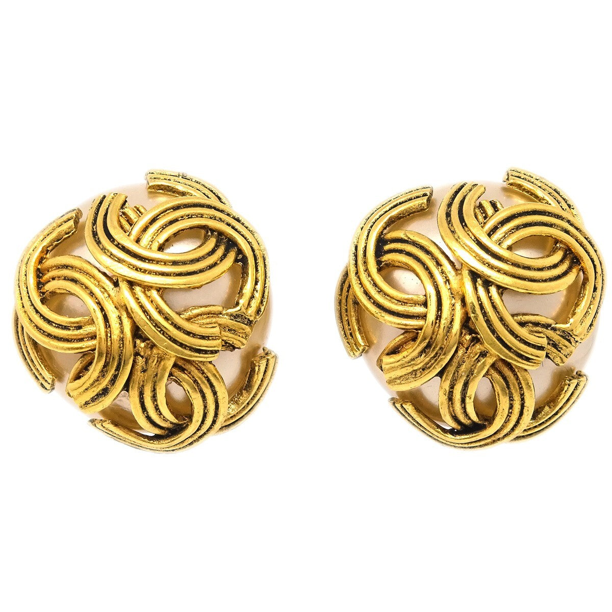 Chanel Vintage Triple Cc Metal Gold Gold_Plated Earrings Jewelry (Pre-Owned)