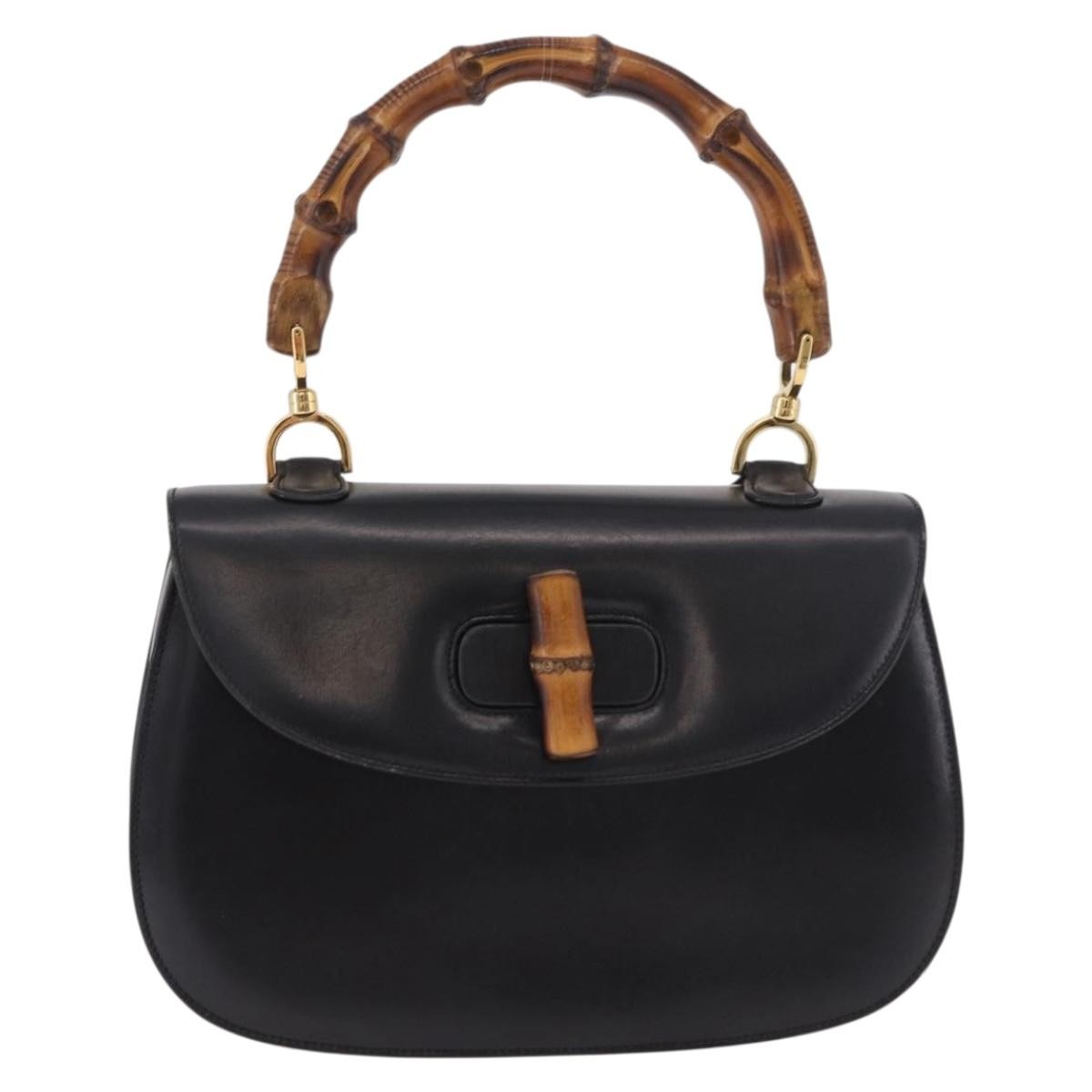 Gucci Vintage Convertible Bamboo Top Handle Leather Black Leather Handbag (Pre-Owned)