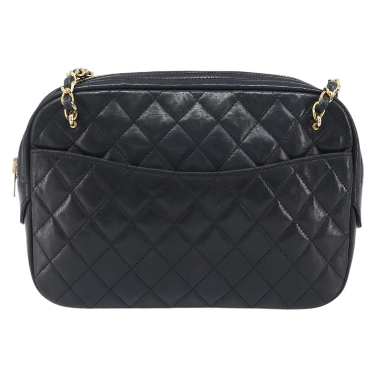 Chanel Vintage Front Pocket Camera Chevron Lambskin Black Leather Handbag (Pre-Owned)