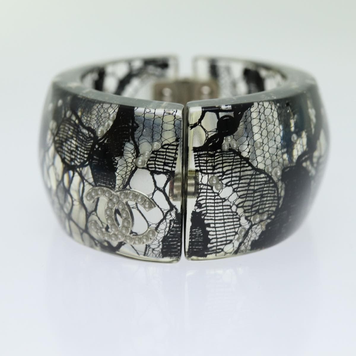 Chanel Cc Hinged Bangle Resin With Lace And Faux Pearls Black Plastic Bracelet Jewelry (Pre-Owned)