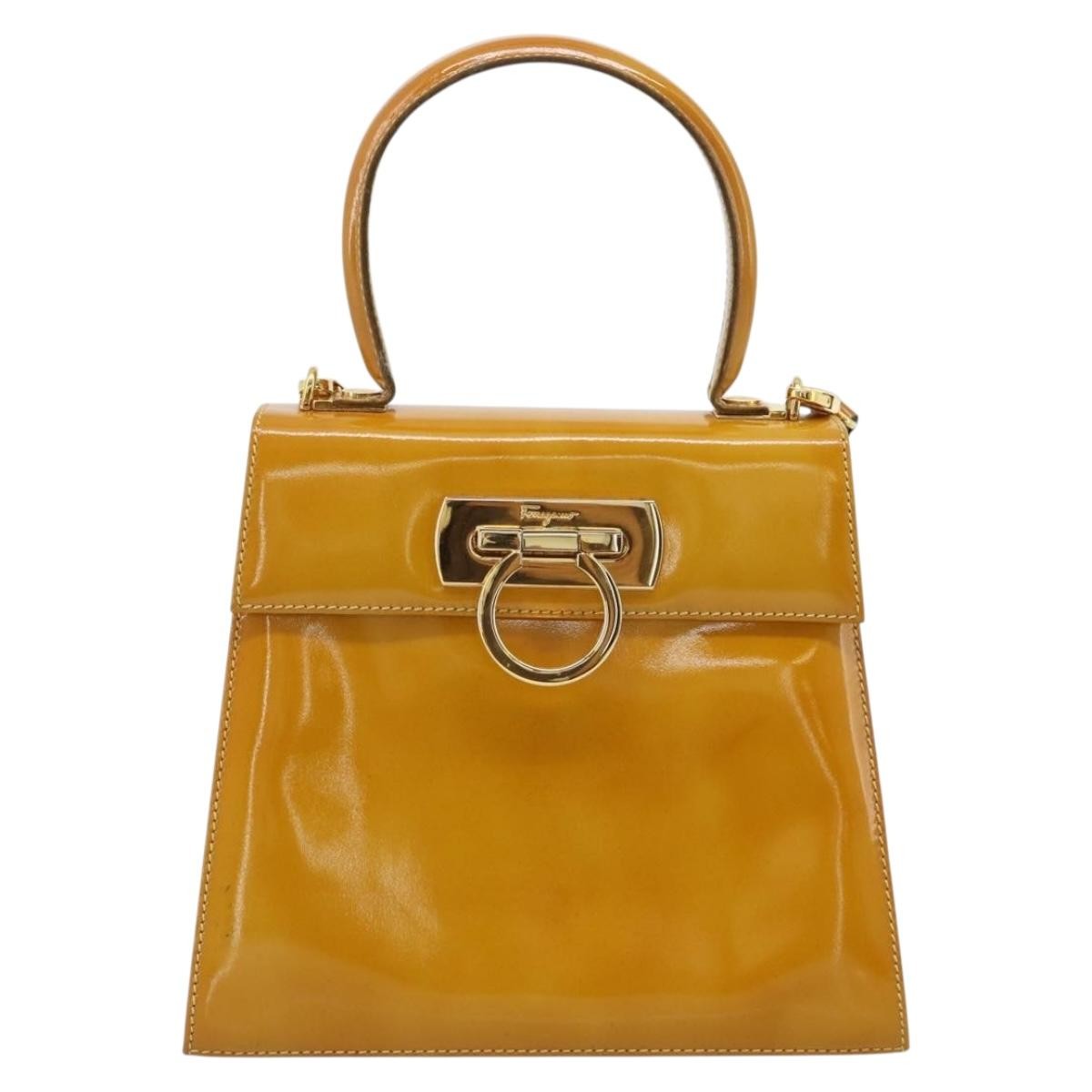 Salvatore Ferragamo Gancini Patent Leather Yellow Patent_Leather Handbag (Pre-Owned)
