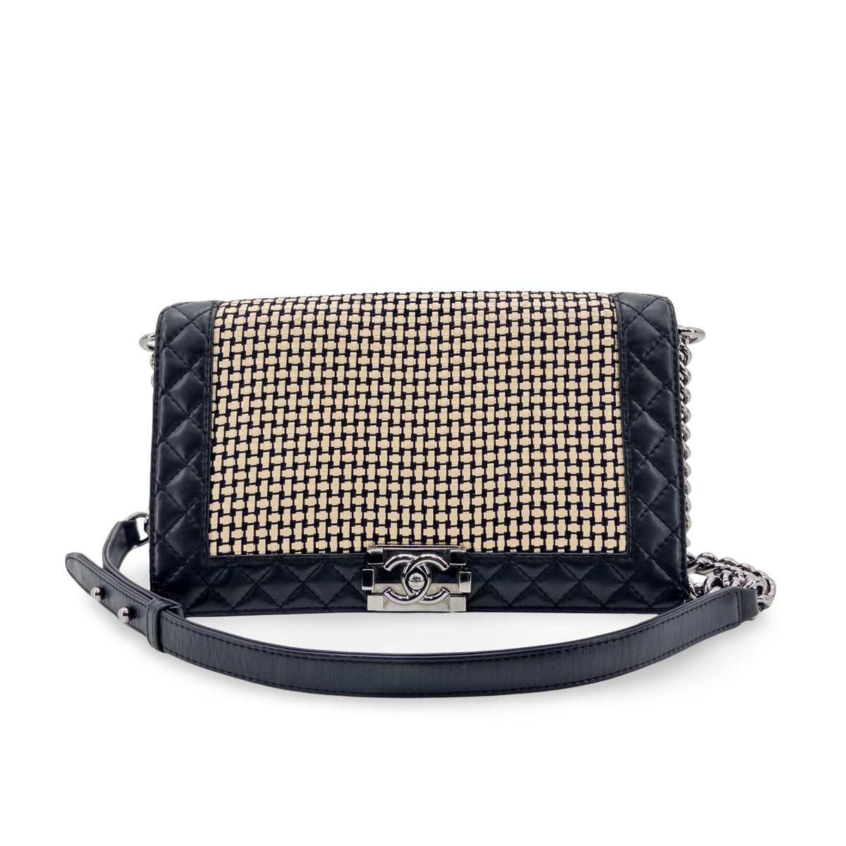 Chanel Reverso Boy Flap Woven Calfskin Black Leather Shoulder Bag Bag (Pre-Owned)