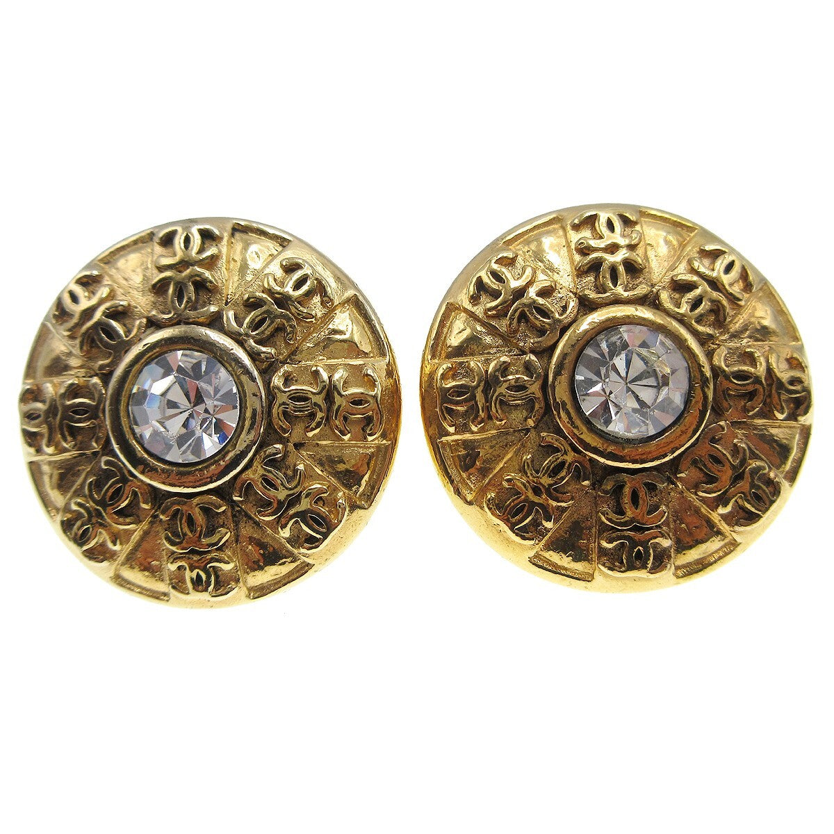 Chanel Cc Round Metal And Crystal Gold Gold_Plated Earrings Jewelry (Pre-Owned)
