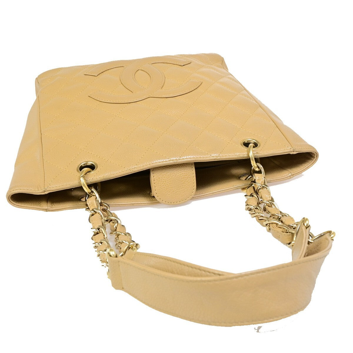 Chanel Petite Shopping Tote Quilted Caviar Beige Leather Bag (Pre-Owned)