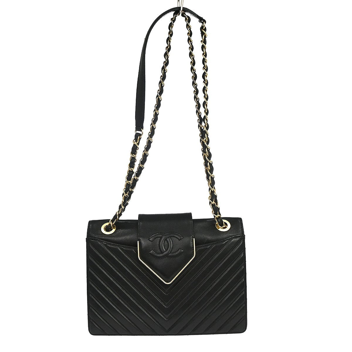 Chanel Collar And Tie Flap Chevron Sheepskin Black Leather Shoulder Bag Bag (Pre-Owned)