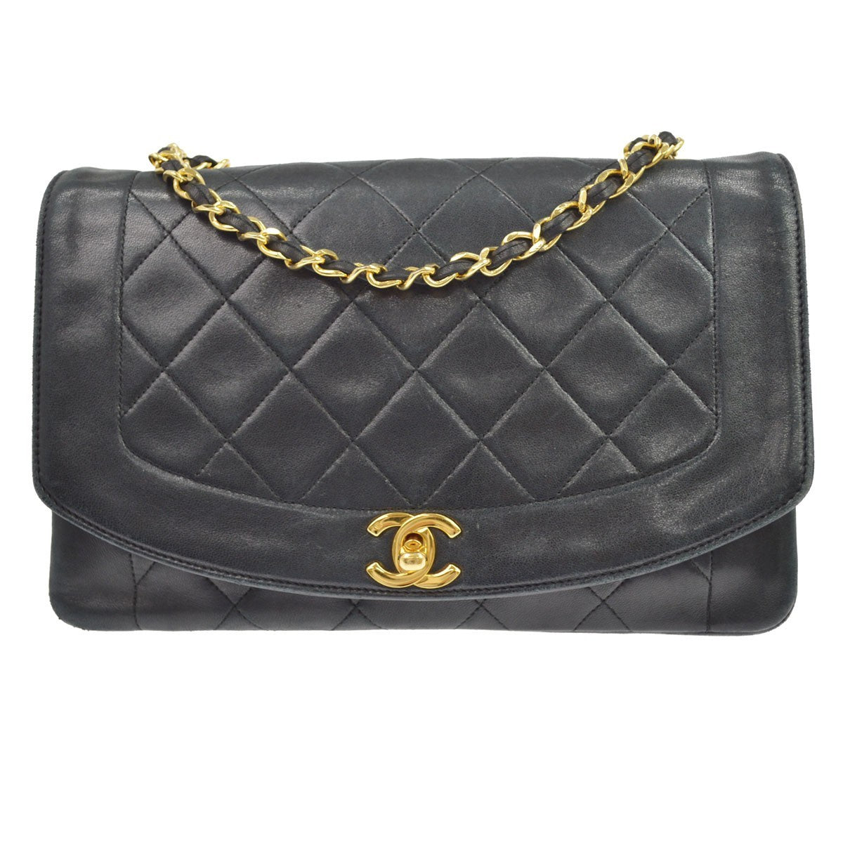Chanel Diana Flap Quilted Lambskin Black Leather Handbag (Pre-Owned)
