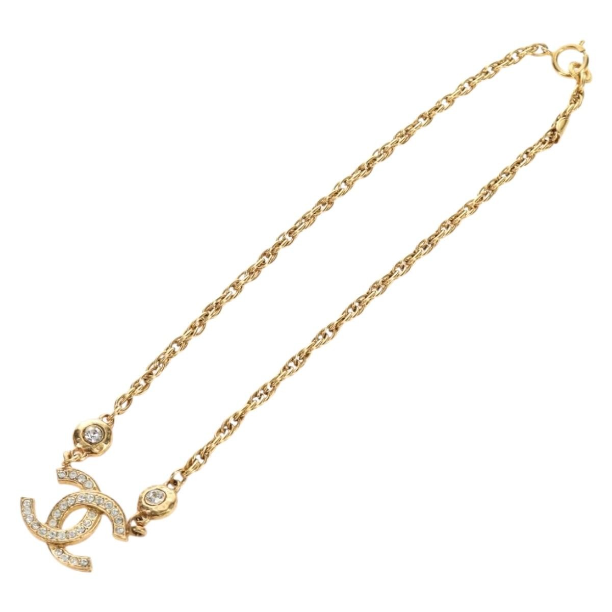 Chanel Cc Pendant Metal With Crystals Gold Metal Necklace Jewelry (Pre-Owned)