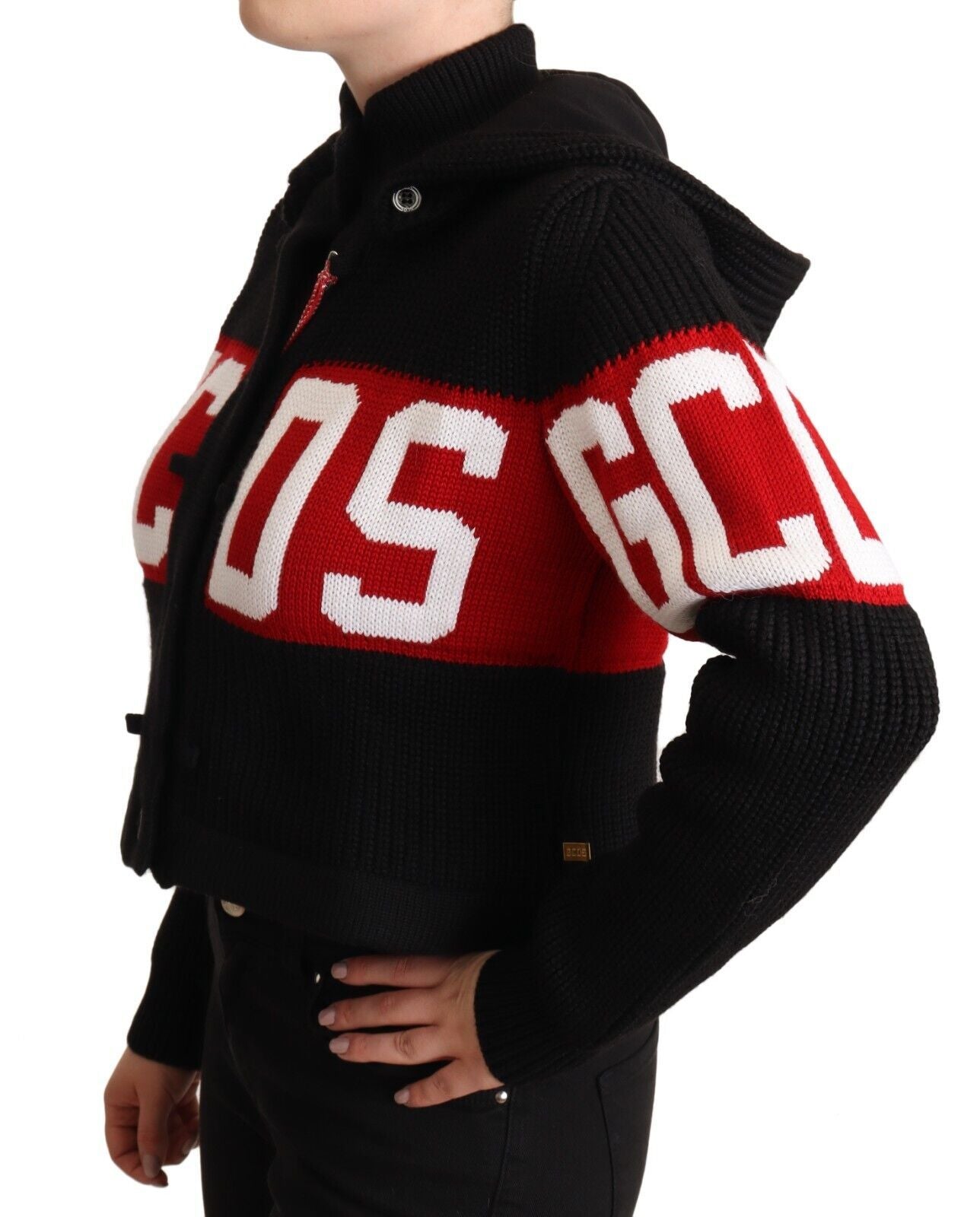 GCDS Black Cashmere Hooded Button Down Logo Cardigan Women's Jacket