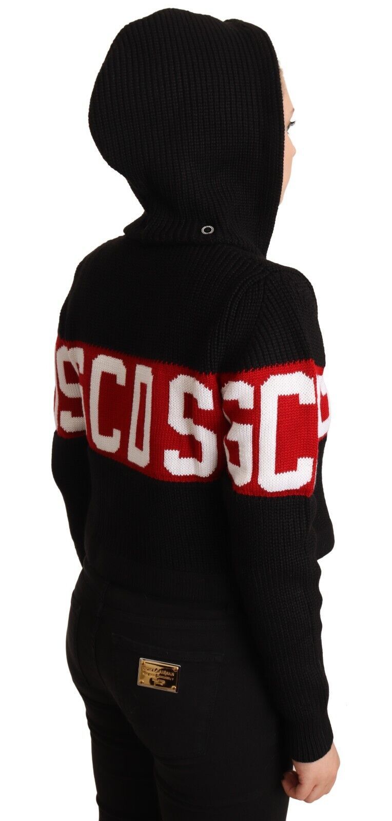 GCDS Black Cashmere Hooded Button Down Logo Cardigan Women's Jacket