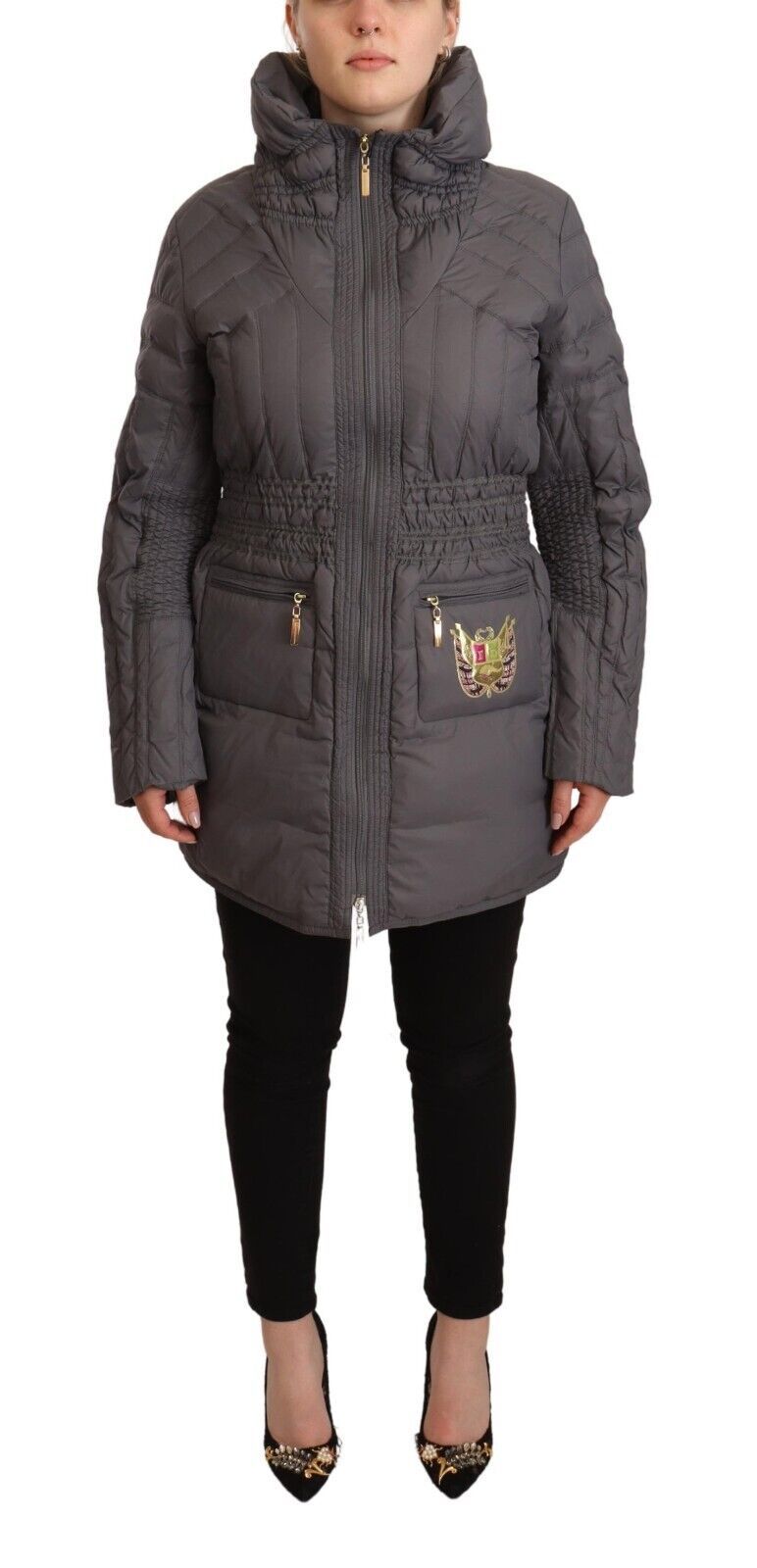 Roccobarocco Gray Quilted Long Sleeves Logo Patch Full Zip Women's Jacket