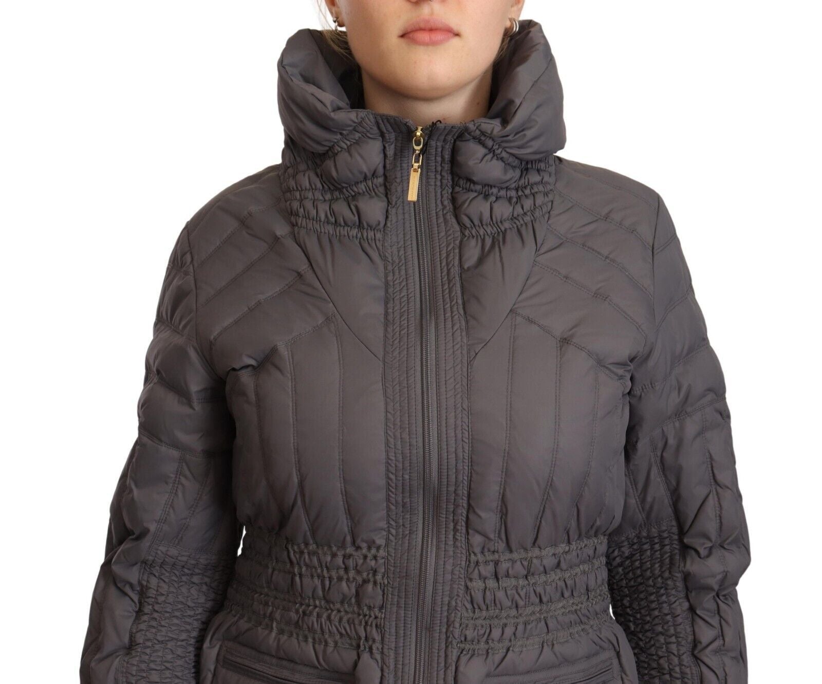 Roccobarocco Gray Quilted Long Sleeves Logo Patch Full Zip Women's Jacket