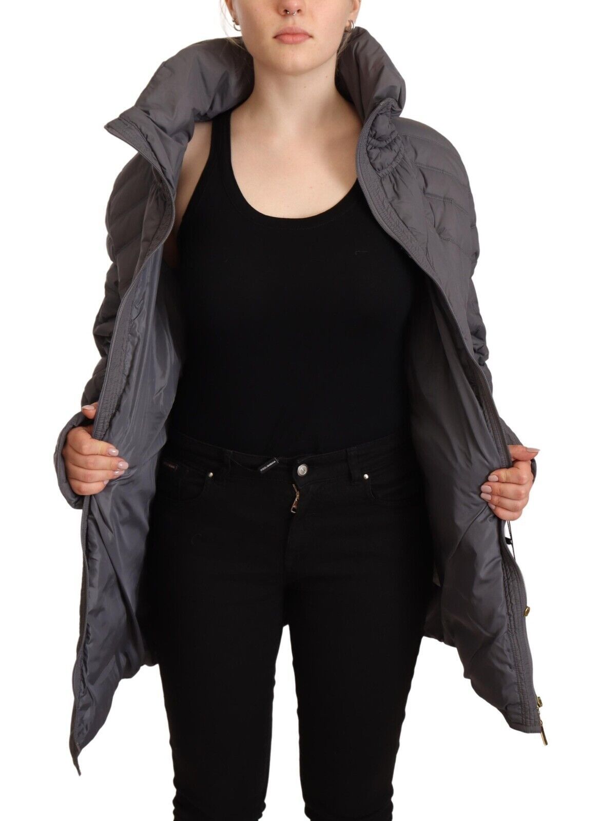 Roccobarocco Gray Quilted Long Sleeves Logo Patch Full Zip Women's Jacket