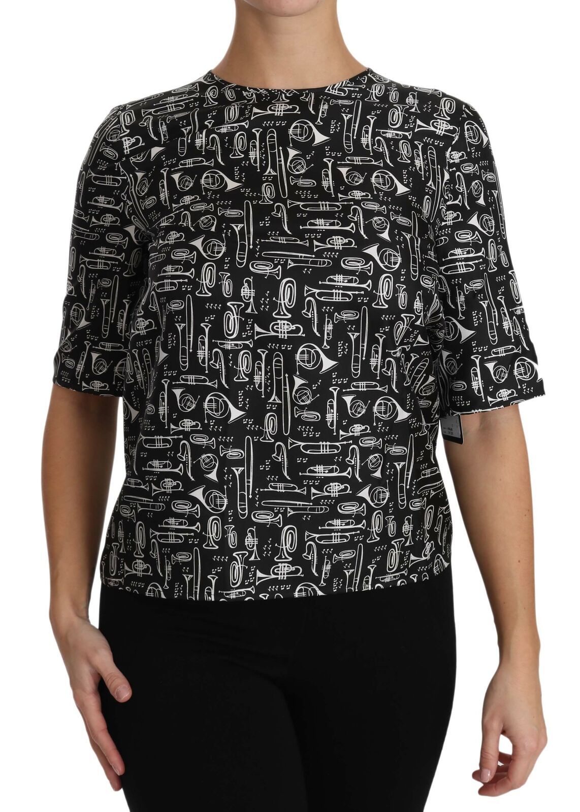 Dolce & Gabbana Black Musical Instruments Print Silk Women's Blouse