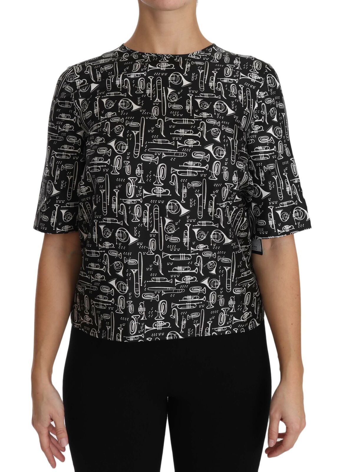 Dolce & Gabbana Black Musical Instruments Print Silk Women's Blouse