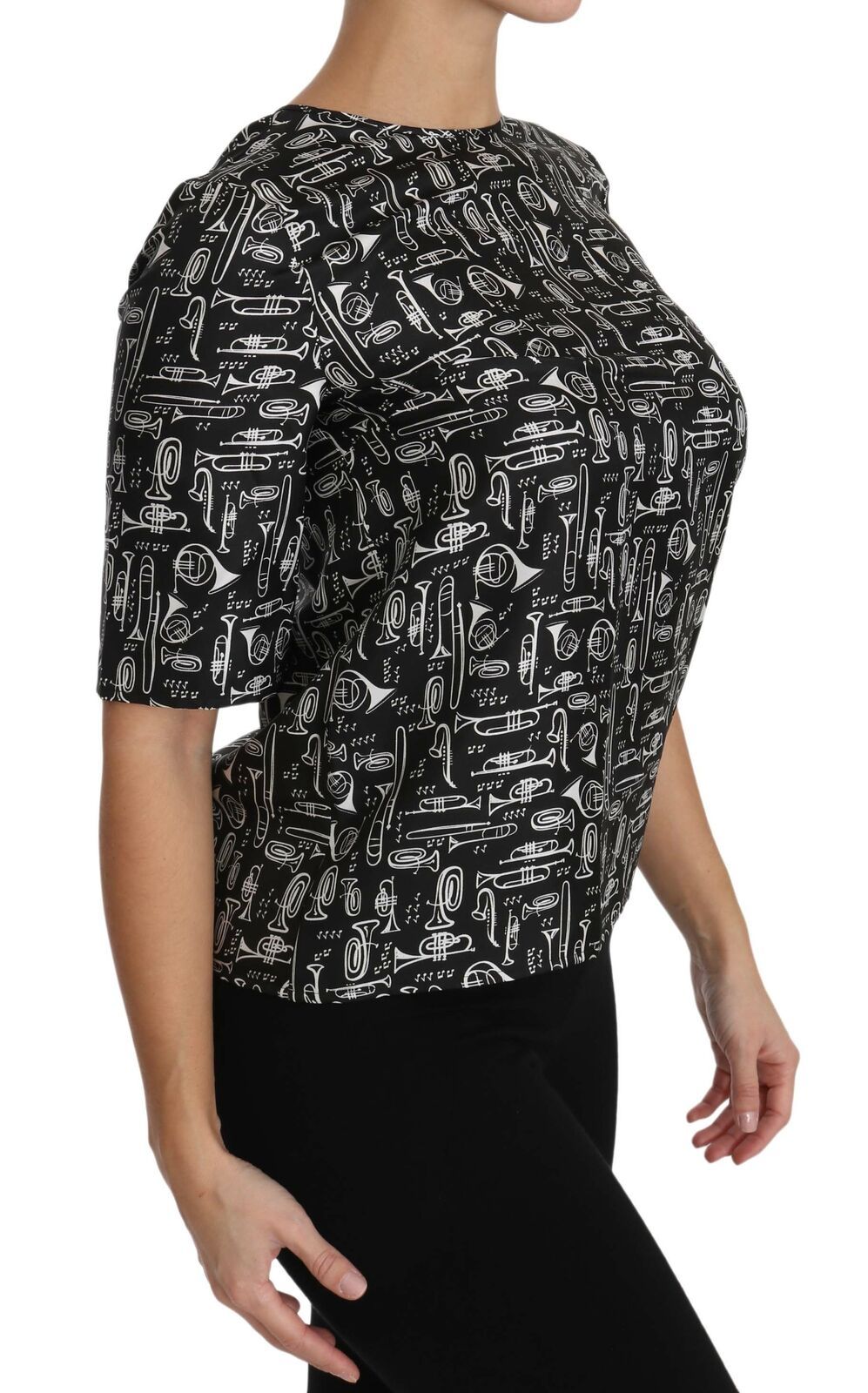 Dolce & Gabbana Black Musical Instruments Print Silk Women's Blouse