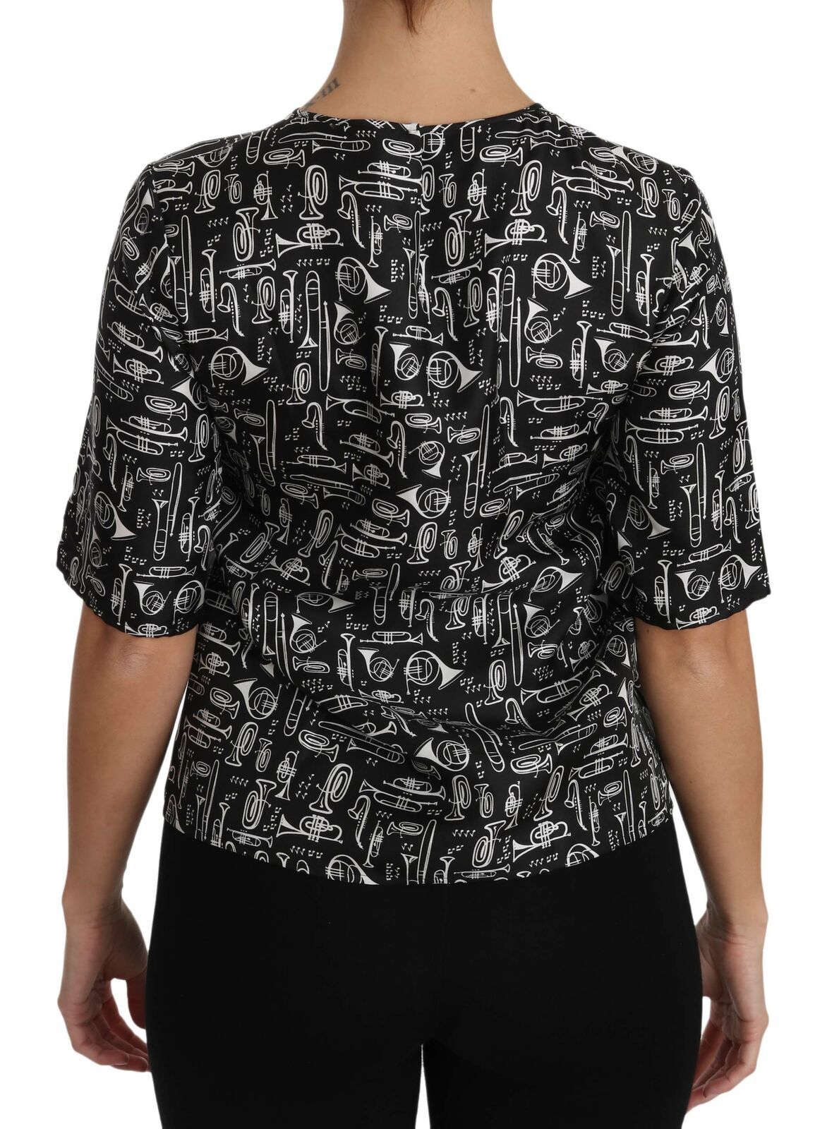 Dolce & Gabbana Black Musical Instruments Print Silk Women's Blouse