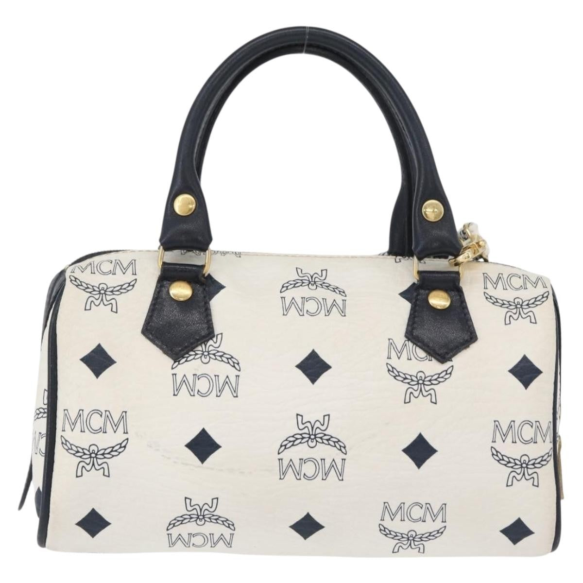 MCM Vicetos Logogram Boston White Leather Travel Bag Bag (Pre-Owned)