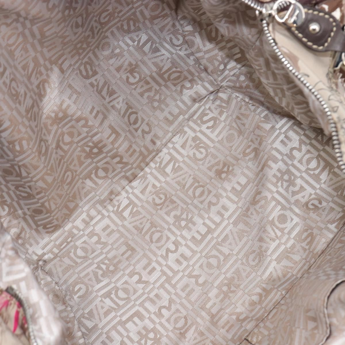 Salvatore Ferragamo Convertible Belted Boston Fiera Printed Nylon With Leather Beige Nylon Handbag (Pre-Owned)