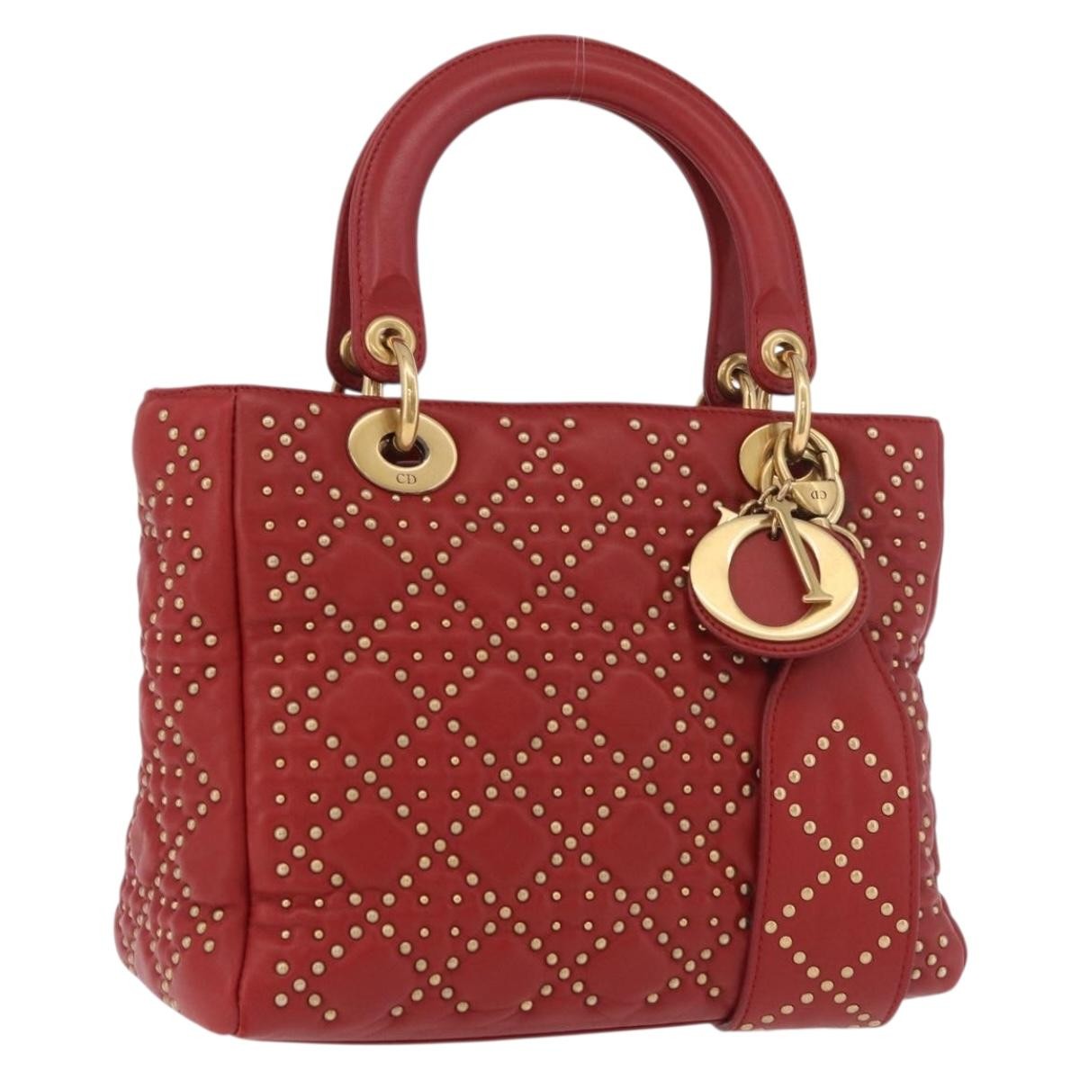 Christian Dior Supple Lady Dior Cannage Studded Lambskin Red Leather Handbag (Pre-Owned)