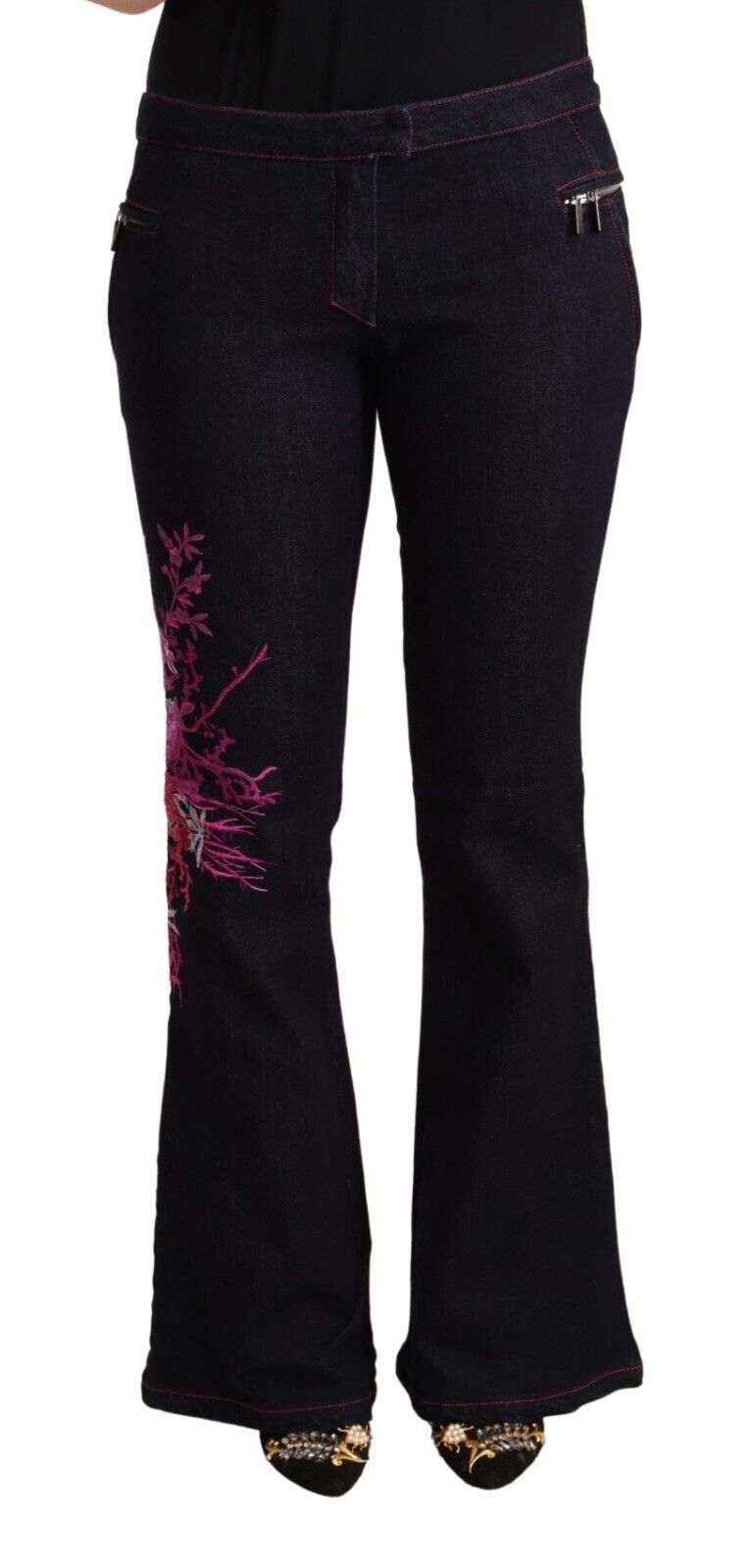 Exte Black Cotton Mid Waist Cotton Flared Women's Jeans