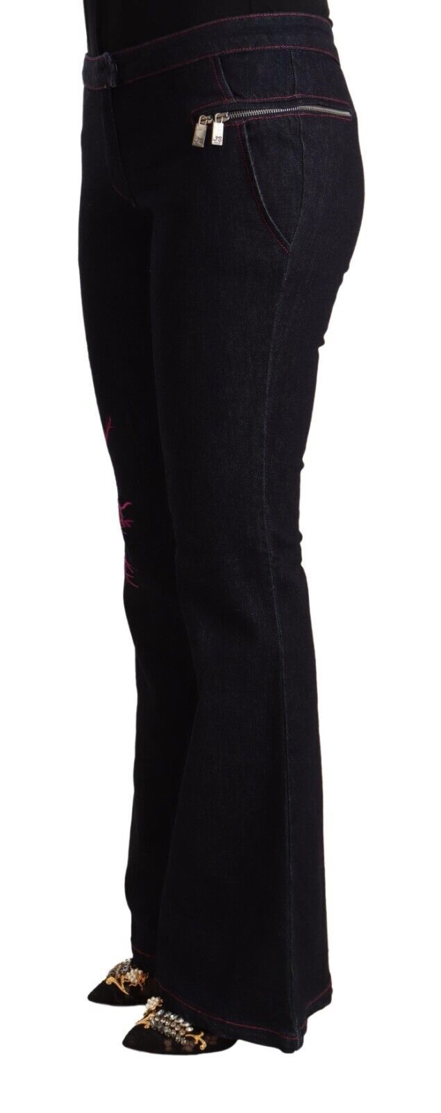Exte Black Cotton Mid Waist Cotton Flared Women's Jeans