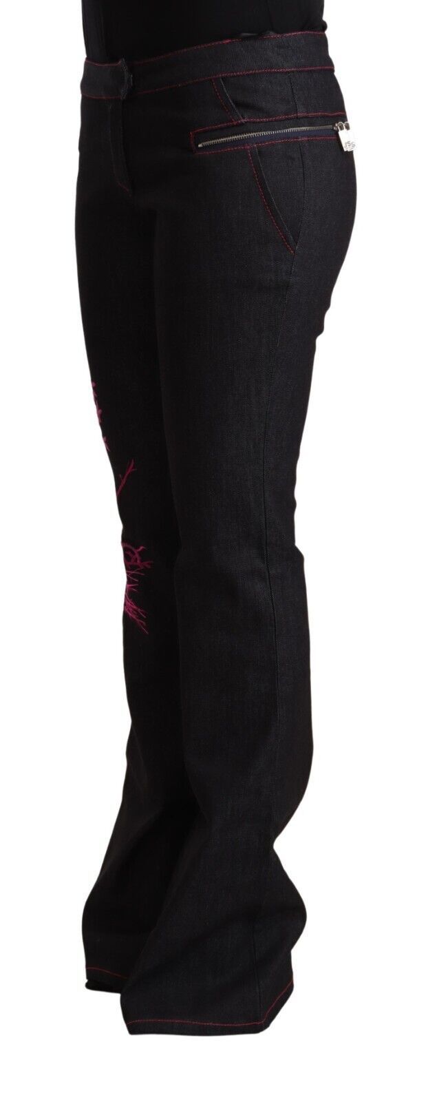 Exte Black Cotton Stretch Mid Waist Cotton Flared Denim Women's Jeans