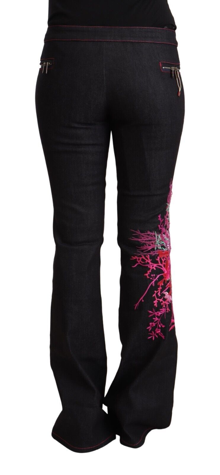 Exte Black Cotton Stretch Mid Waist Cotton Flared Denim Women's Jeans