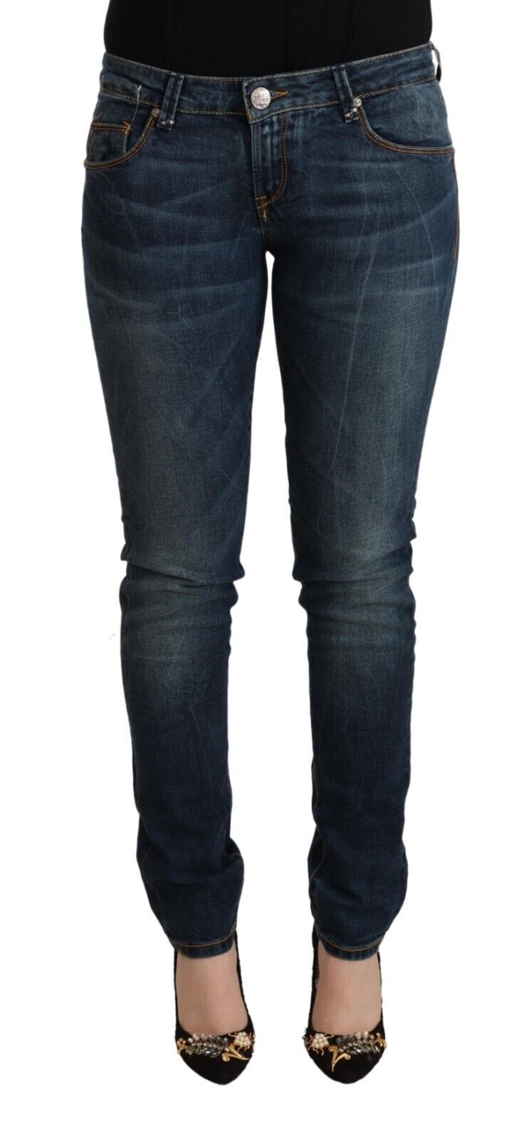 Acht Blue Washed Cotton Slim Fit Denim Low Waist Women's Jeans