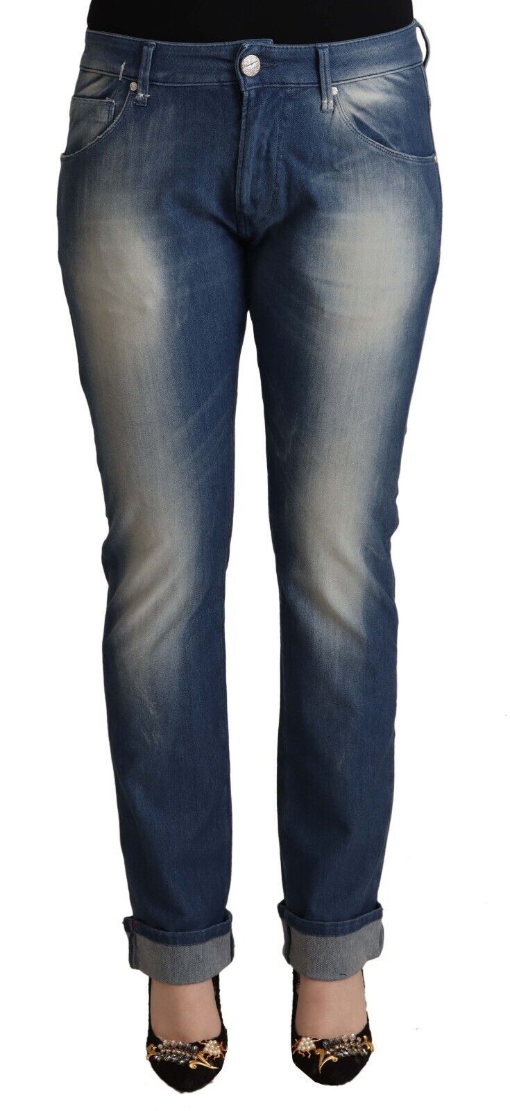 Acht Blue Washed Mid Waist Folded Hem Skinny Women's Jeans