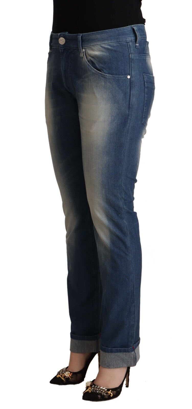 Acht Blue Washed Mid Waist Folded Hem Skinny Women's Jeans
