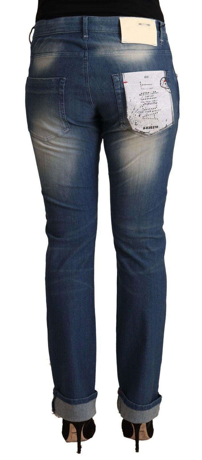 Acht Blue Washed Mid Waist Folded Hem Skinny Women's Jeans
