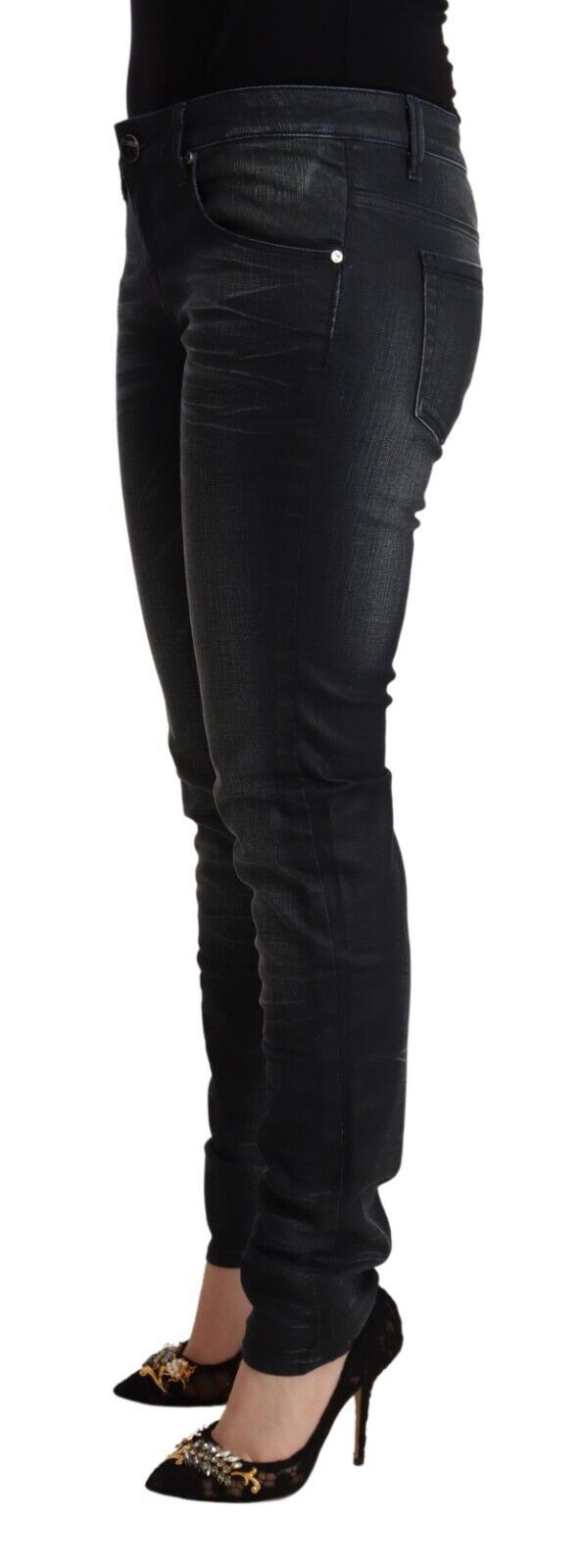 Acht Black Washed Cotton Low Waist Slim Fit Denim Women's Jeans
