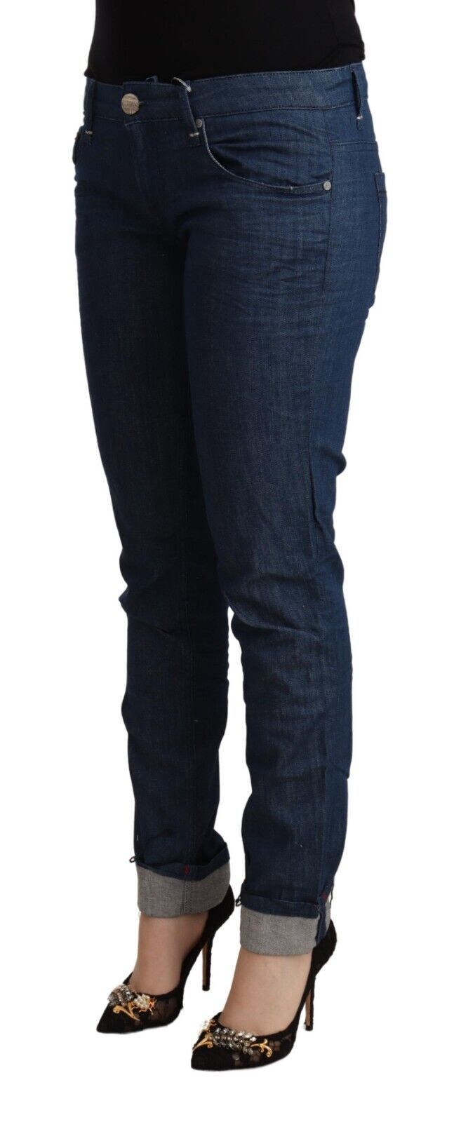 Acht Blue Cotton Low Waist Skinny Denim Folded Hem Women's Jeans