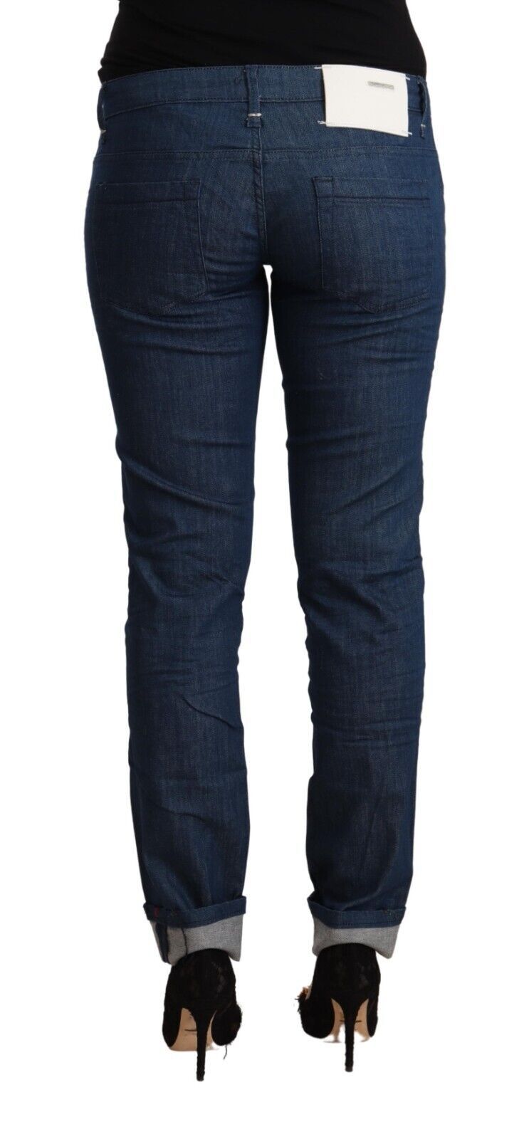 Acht Blue Cotton Low Waist Skinny Denim Folded Hem Women's Jeans