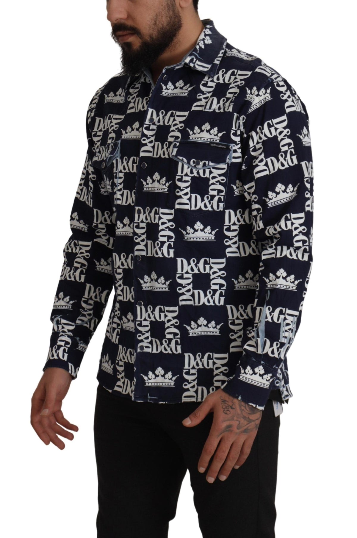 Dolce & Gabbana Blue Denim Stretch DG Crown Logo Casual Men's Shirt
