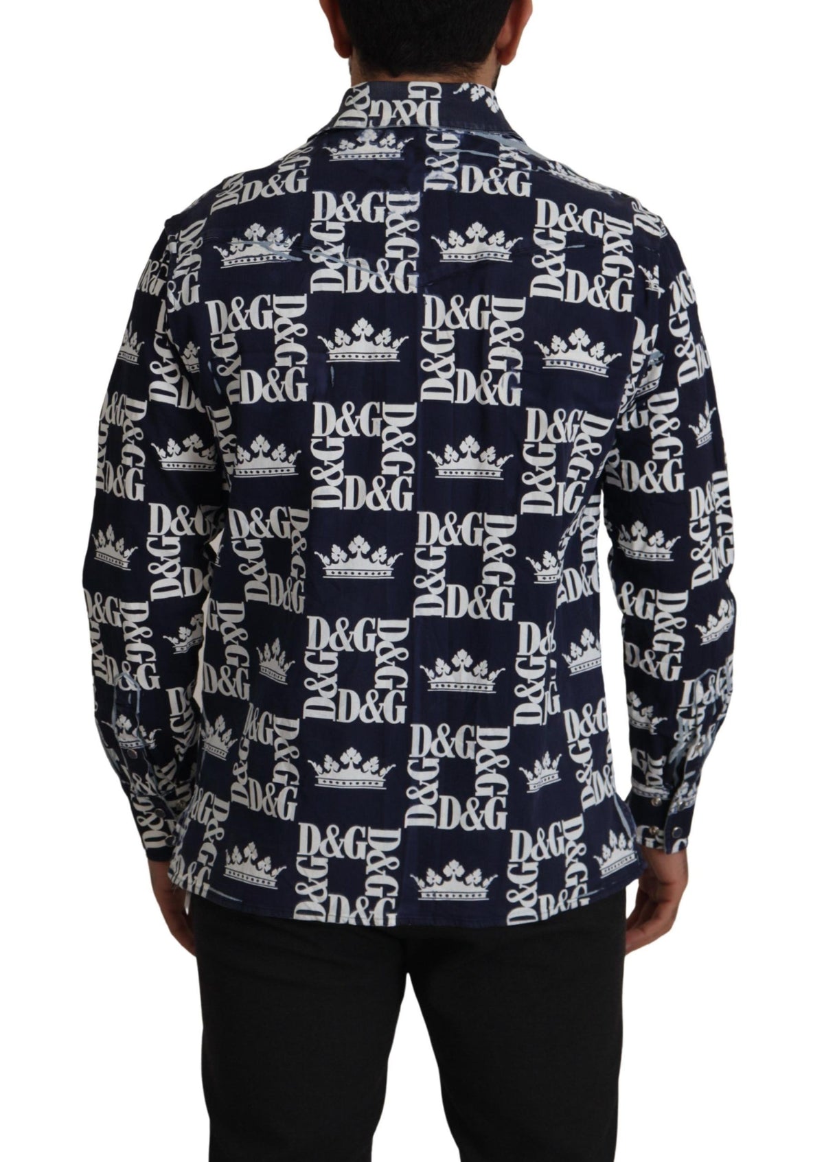 Dolce & Gabbana Blue Denim Stretch DG Crown Logo Casual Men's Shirt