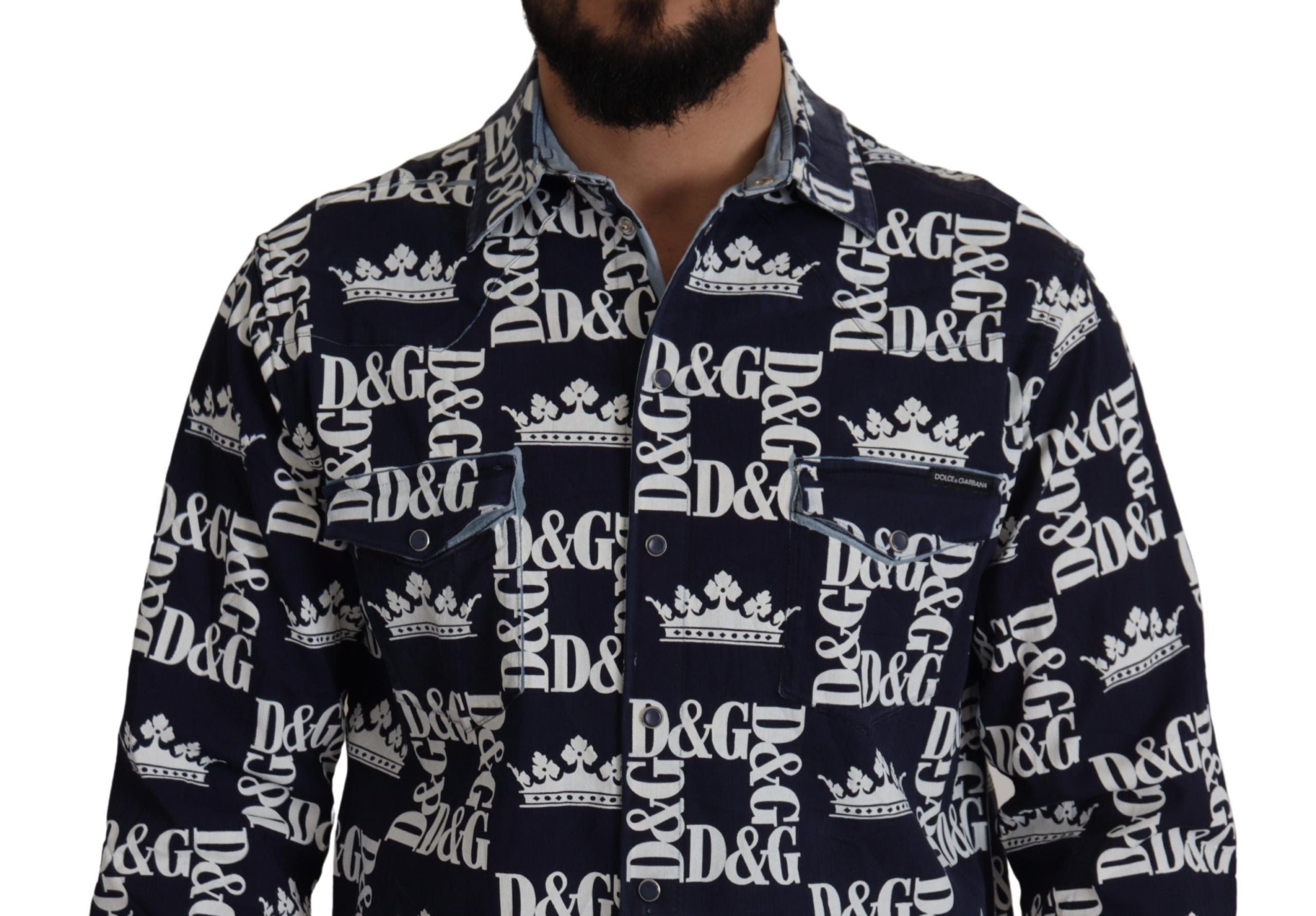 Dolce & Gabbana Blue Denim Stretch DG Crown Logo Casual Men's Shirt