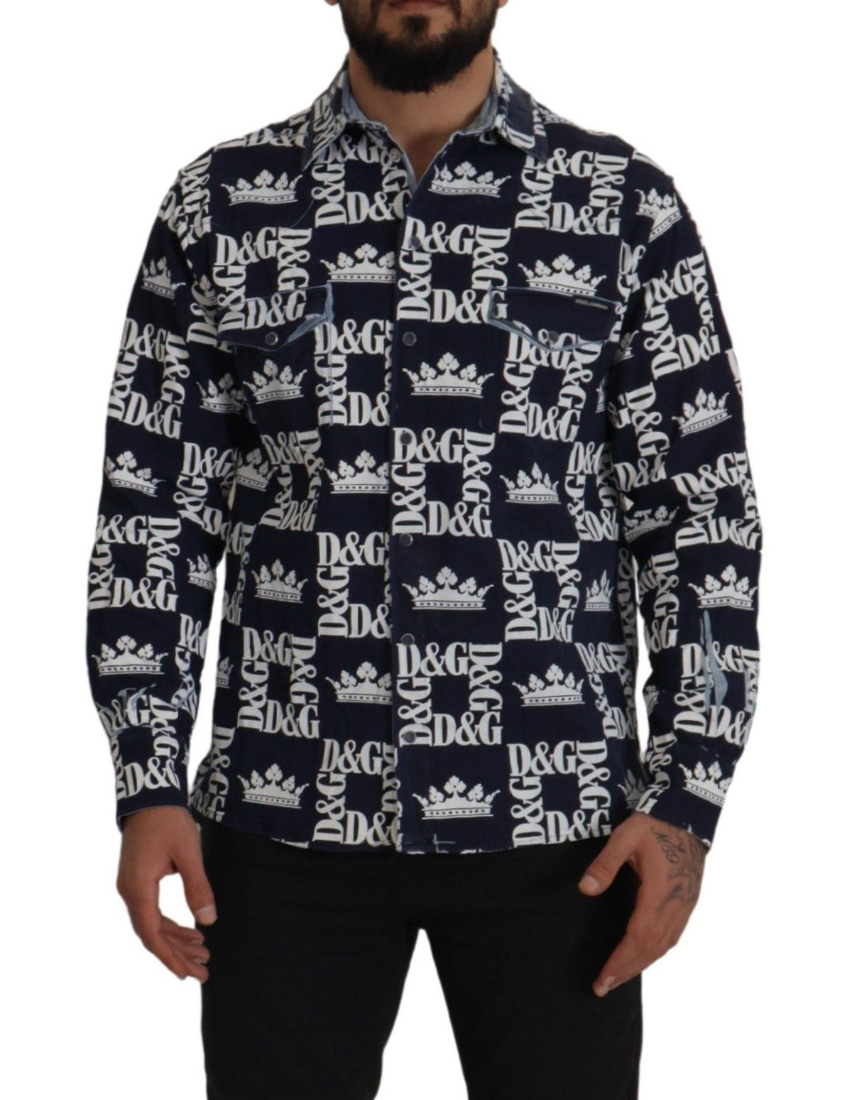 Dolce & Gabbana Blue Denim Stretch DG Crown Logo Casual Men's Shirt