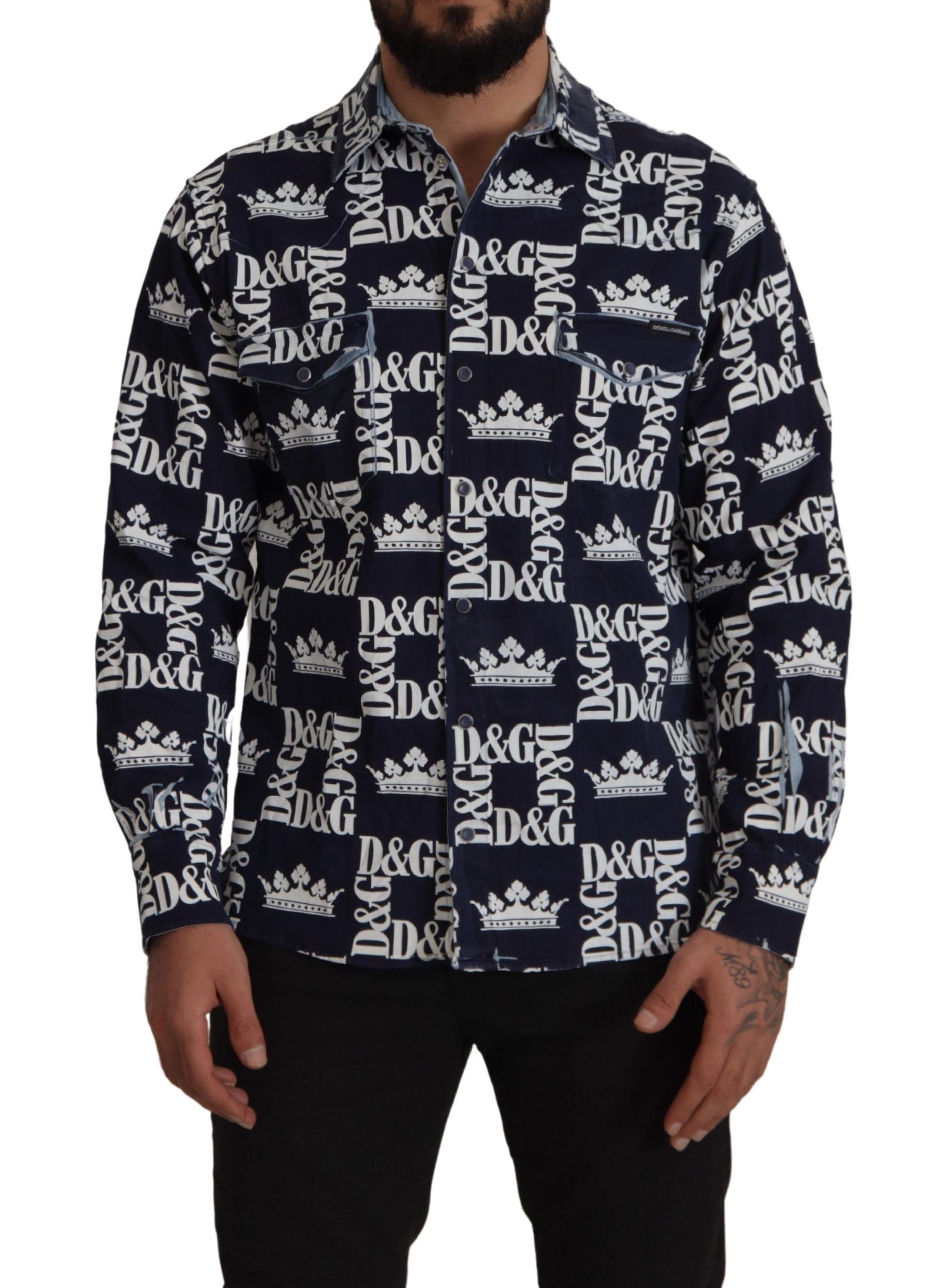dolce gabbana dress shirts Dolce & Gabbana Blue Denim Stretch DG Crown Logo Casual Shirt IT38