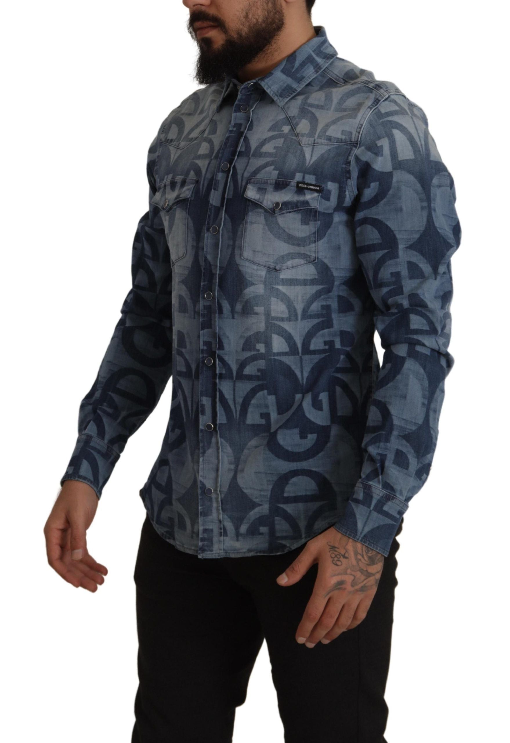 Dolce & Gabbana Blue Denim Stretch DG Logo Casual Mens Slim Men's Shirt