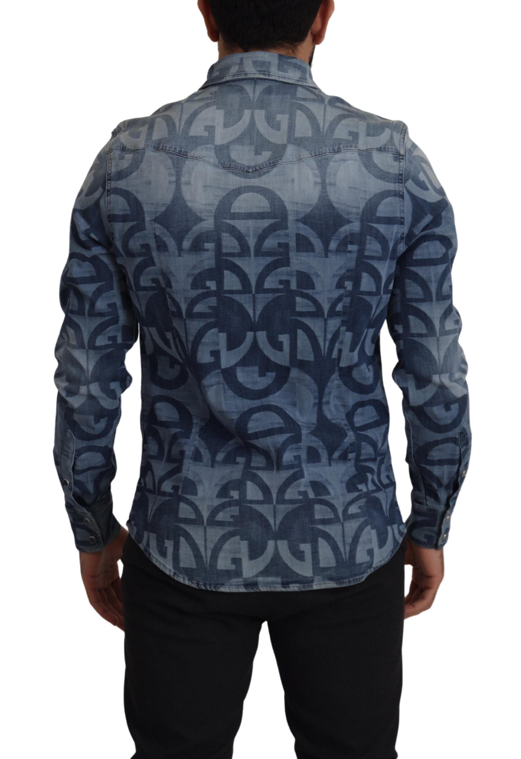 Dolce & Gabbana Blue Denim Stretch DG Logo Casual Mens Slim Men's Shirt
