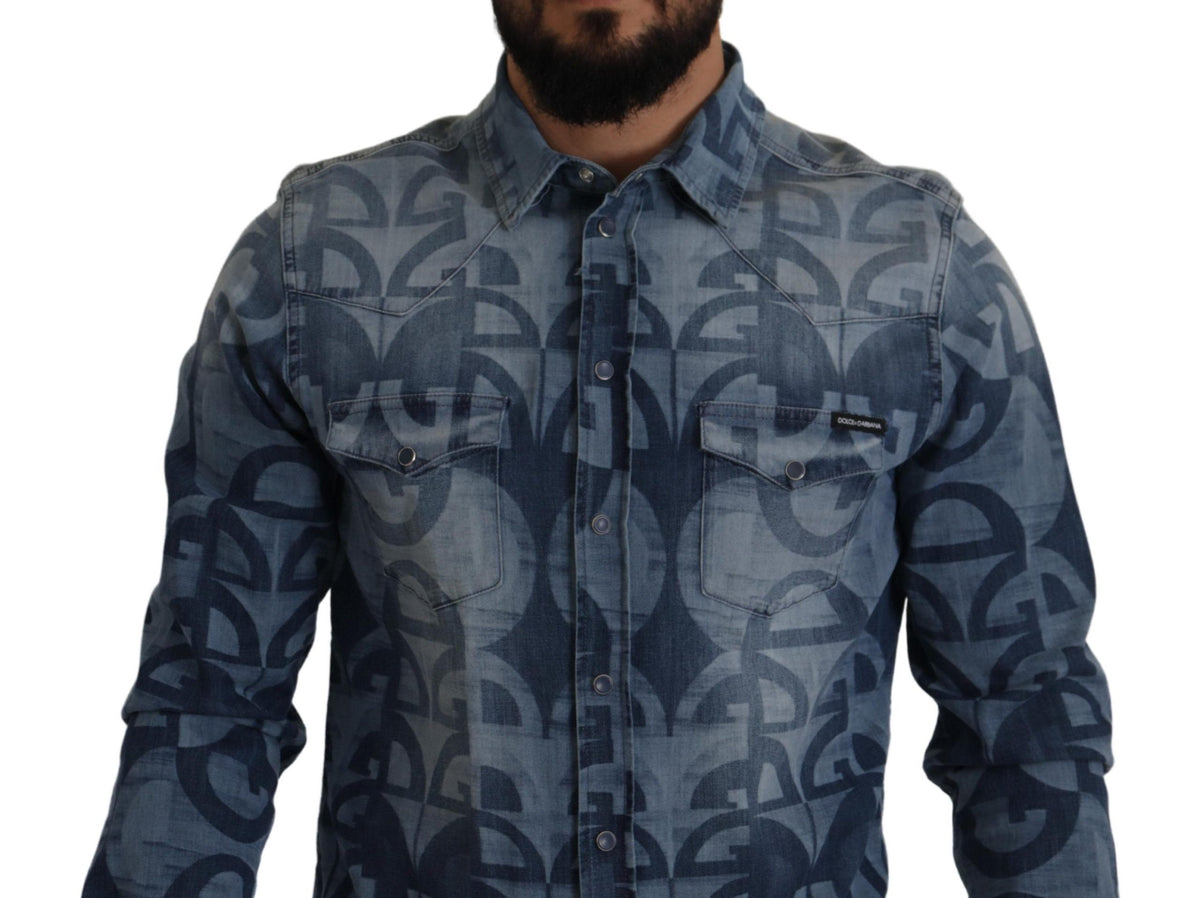Dolce & Gabbana Blue Denim Stretch DG Logo Casual Mens Slim Men's Shirt