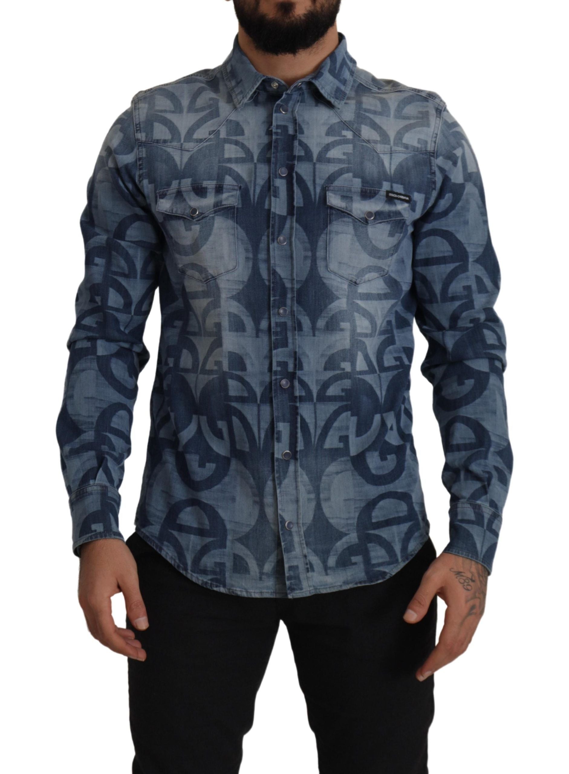 Dolce & Gabbana Blue Denim Stretch DG Logo Casual Mens Slim Men's Shirt