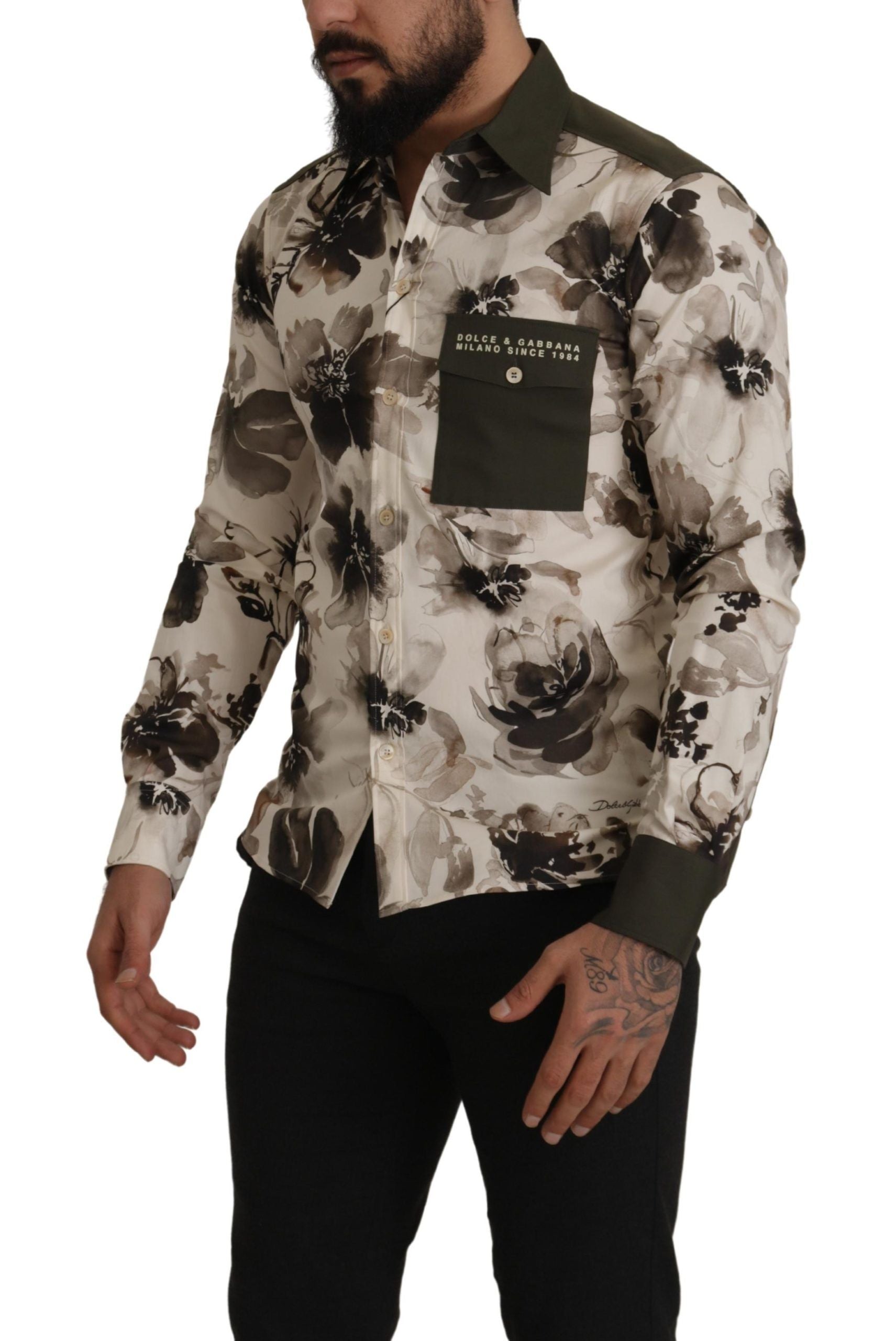 Dolce & Gabbana Green Beige Floral Cotton Stretch Exclusive Men's Shirt