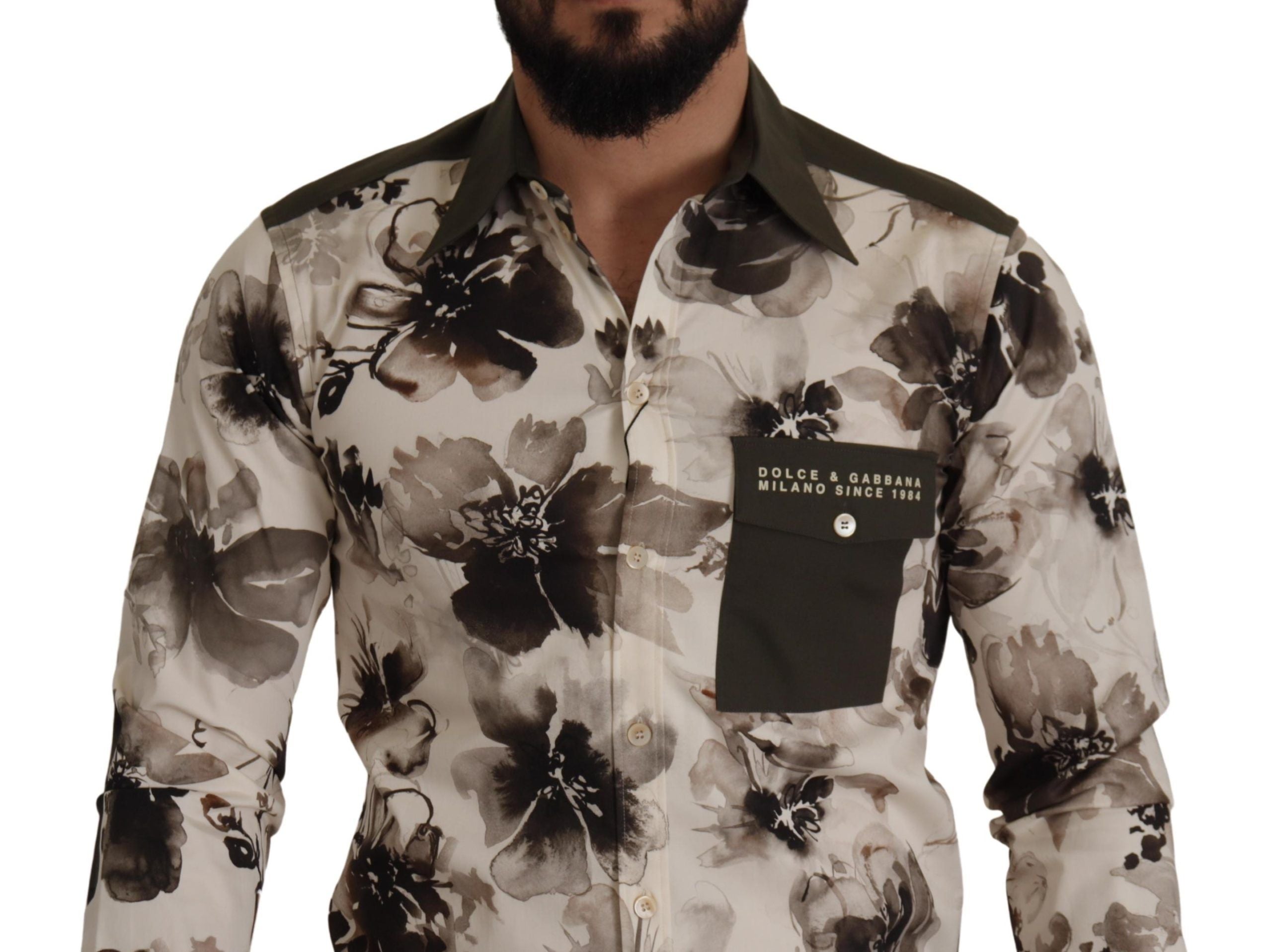 Dolce & Gabbana Green Beige Floral Cotton Stretch Exclusive Men's Shirt